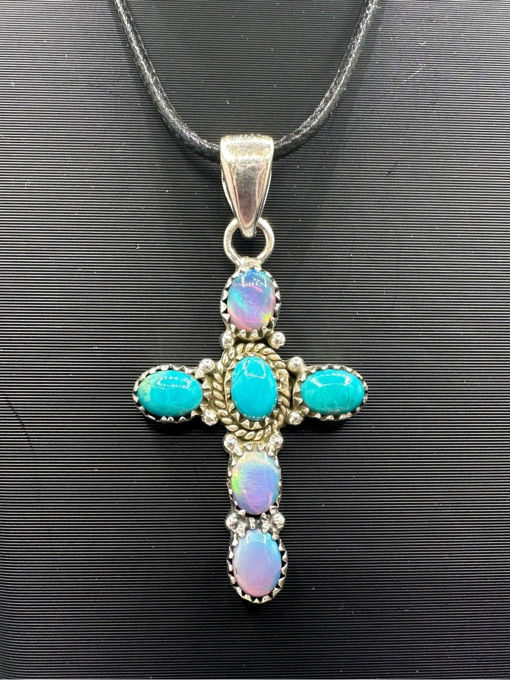 Aurora Opal & Turquoise Sterling Silver 925 Cross Necklace Pendant Handmade
